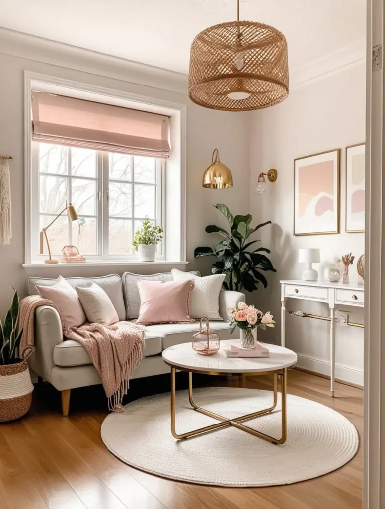 Calm and cozy small living room styled beautifully for spring