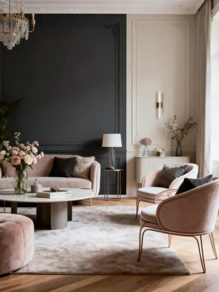 Long living room with darker accent wall adding depth.