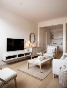 Modern small living room with floating TV unit and stylish interior