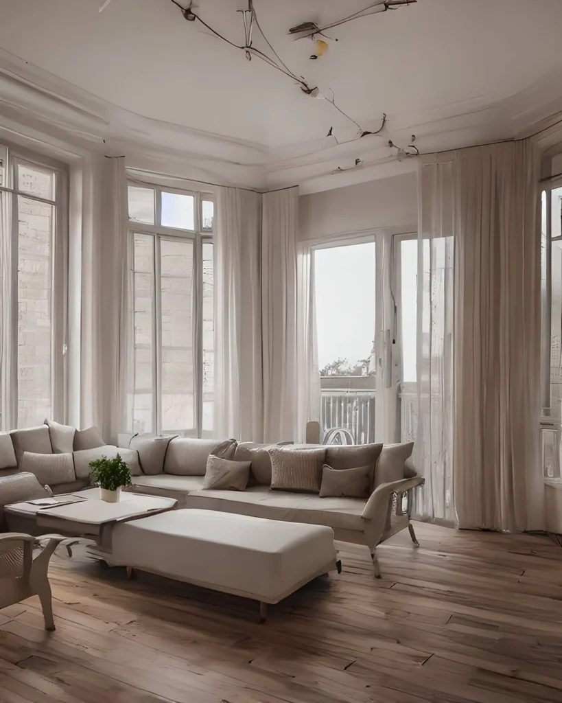 Floor-to-ceiling sheer curtains create vertical emphasis.