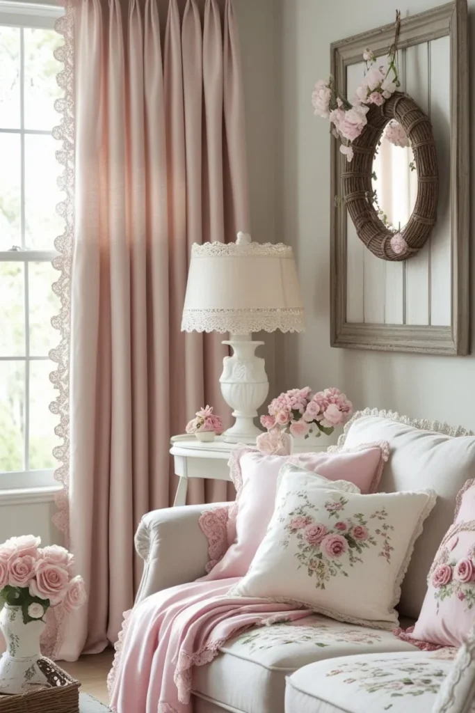 soft floral cushions on a beige sofa in a compact living room