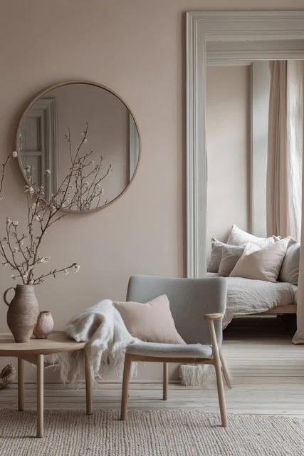 Large wall mirror reflecting light to make a narrow living room look wider.