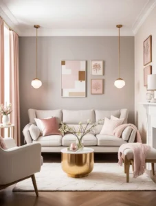 Light neutral tones like beige and warm white in a small living room.