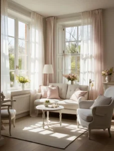 Light and airy window treatments in a small living room for spring