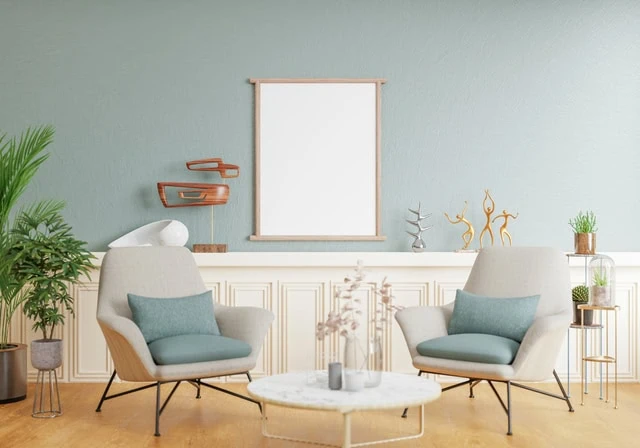 Raised-leg sofa design showing more floor space in a narrow living room.