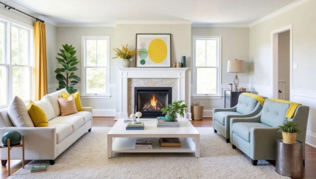 Floating sofa layout in a narrow living room to improve traffic flow and create visual