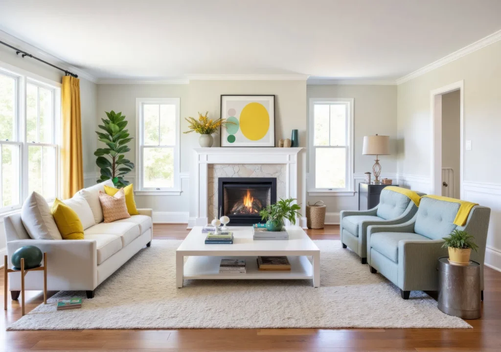 Floating sofa layout in a narrow living room to improve traffic flow and create visual balance.