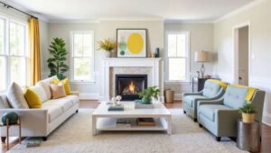 Floating sofa layout in a narrow living room to improve traffic flow and create visual