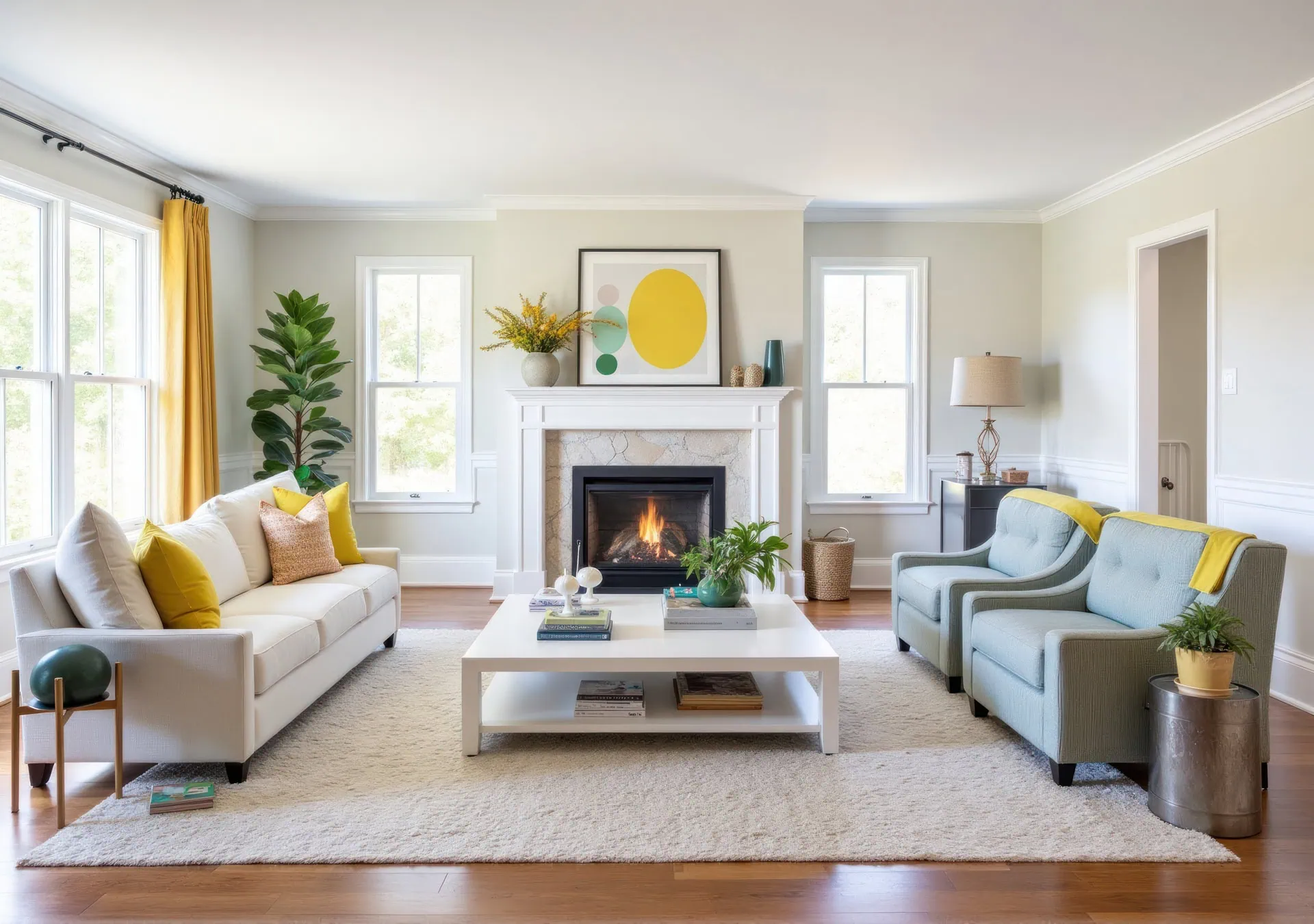 Floating sofa layout in a narrow living room to improve traffic flow and create visual balance.