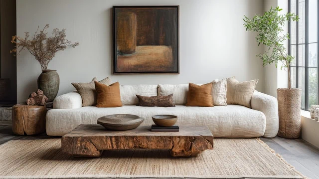 Light neutral tones like beige and warm white in a narrow living room.