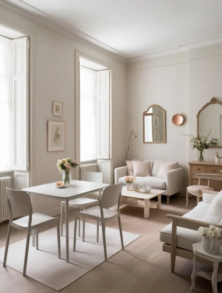 Neutral-toned living and dining space with natural light