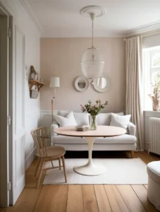 Oval dining table placed in a compact living-dining area