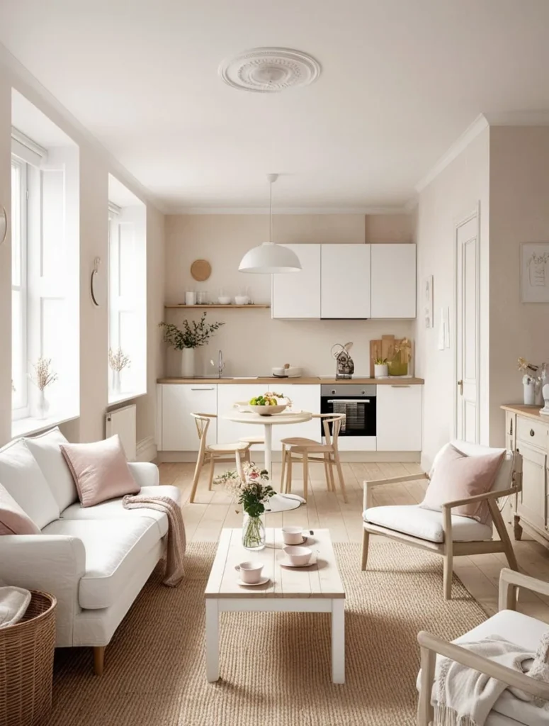 Narrow living room layout with slim dining table