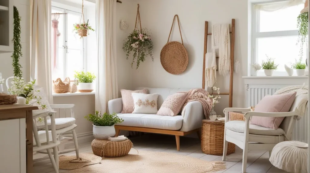 Rustic decor details adding warmth to a small living room