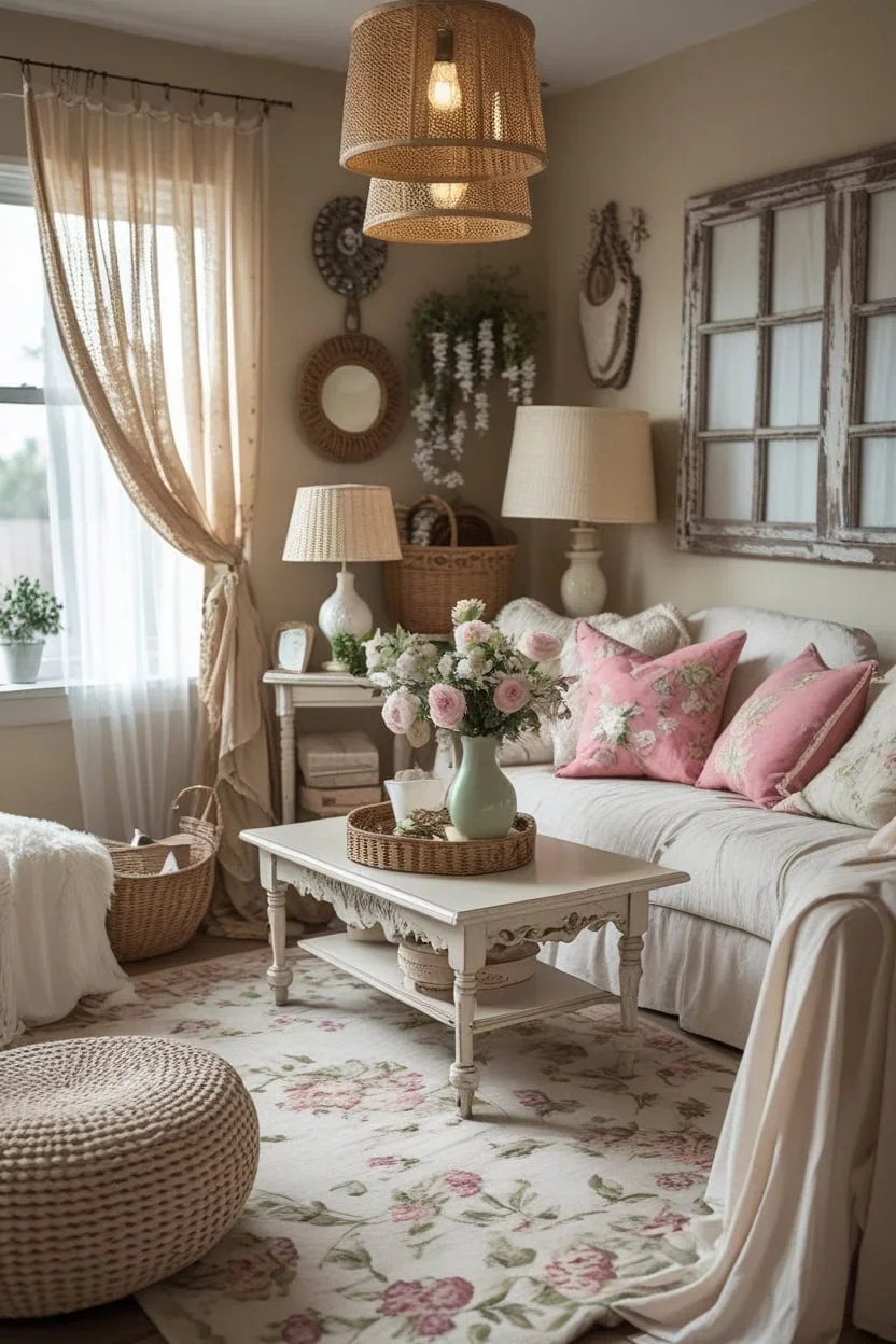 rustic wooden decor and woven baskets in a cozy small living room
