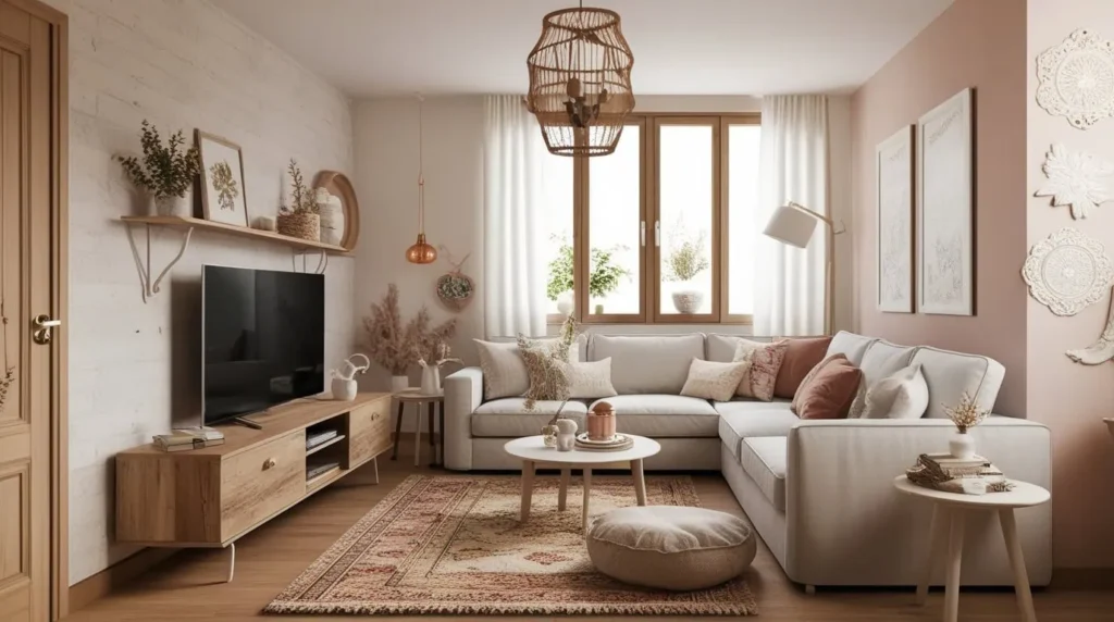 Small living room with slim TV console and minimalist decor