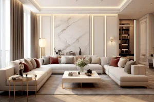 Smart furniture layout in a small apartment living room with sectional sofa