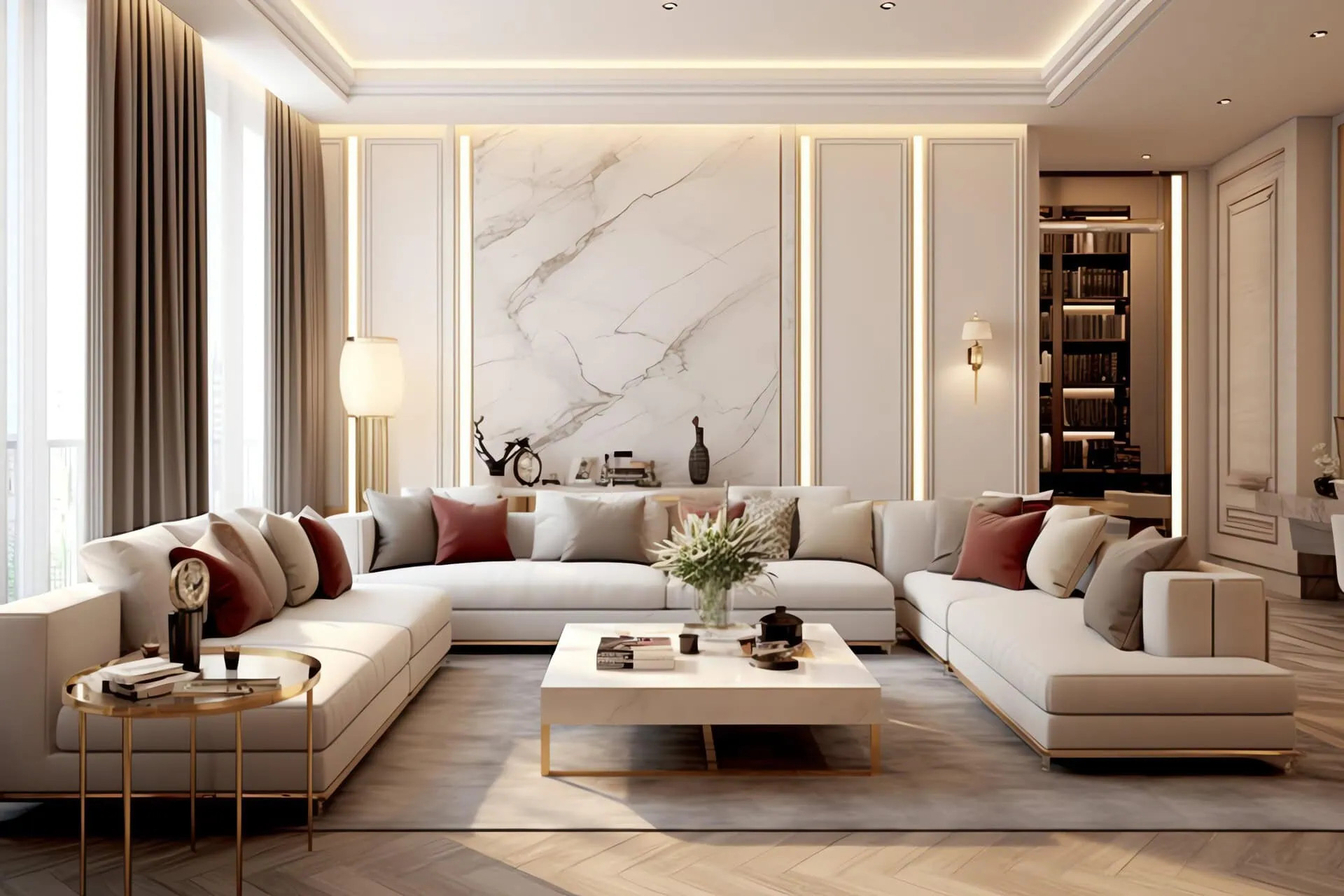 Smart furniture layout in a small apartment living room with sectional sofa