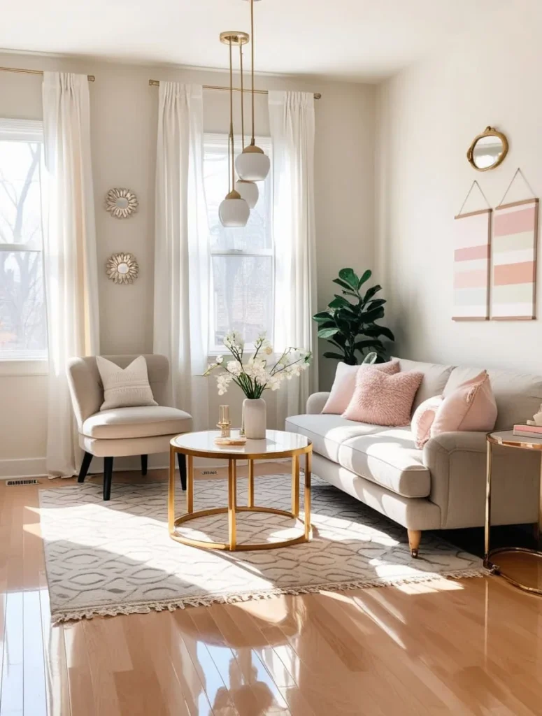 Sheer curtains allowing natural light into a compact space