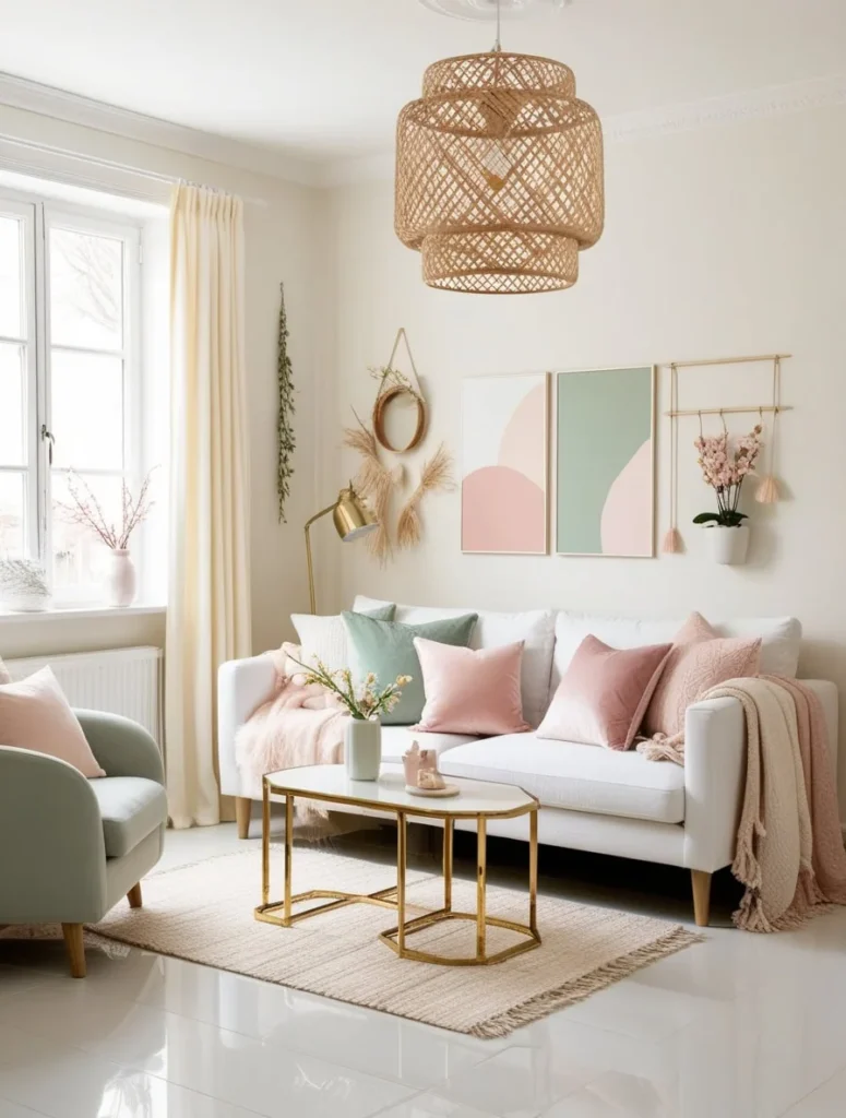 Light beige small room with airy curtains and soft sunlight