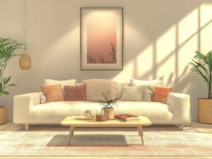 Spring wall decor with soft artwork in a small living room