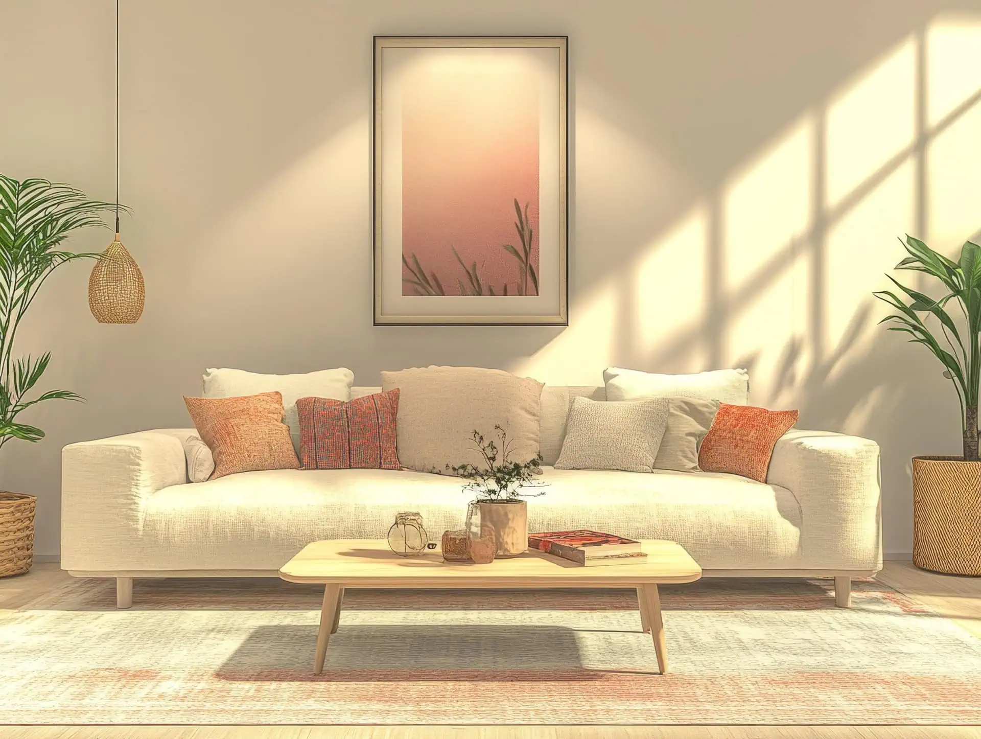 Spring wall decor with soft artwork in a small living room