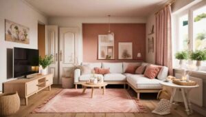 Modern small living room with wall-mounted TV and cozy sofa setup