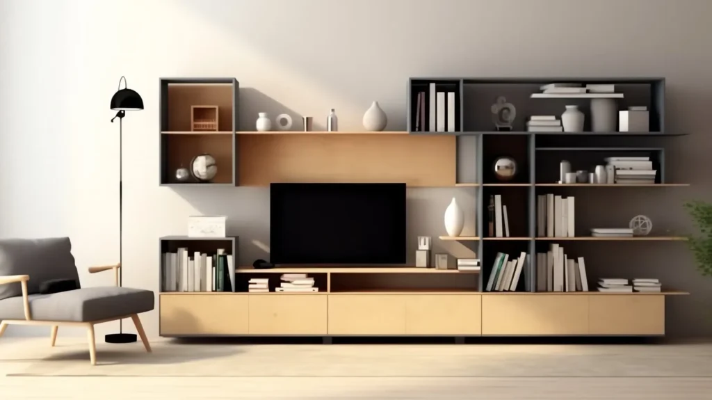 Floating wall shelves for storage in a compact living room