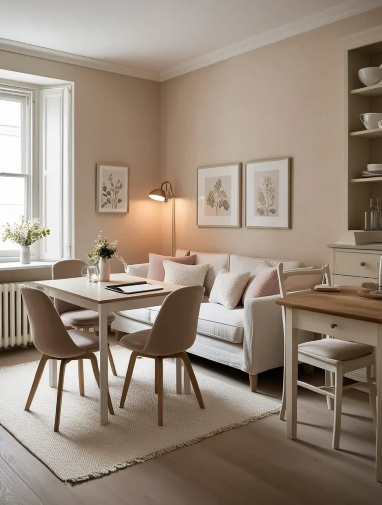 Wall storage ideas for small living room with dining table setup