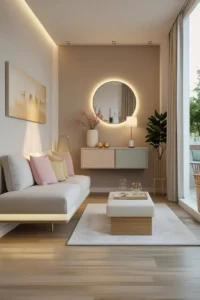 Area rug defining the seating zone in a rectangular living room