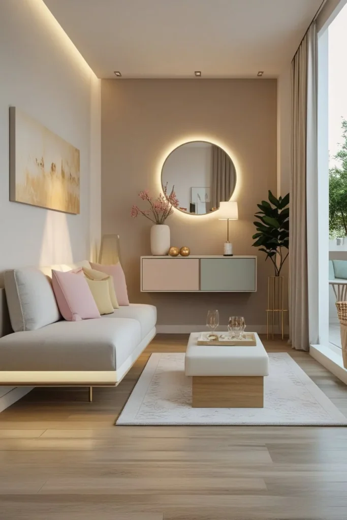 Area rug defining the seating zone in a rectangular living room