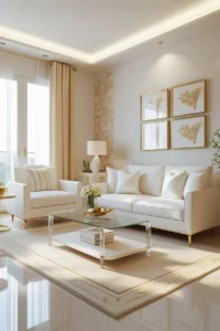 glass coffee table creating open look in small living room
