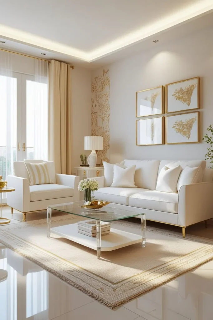 glass coffee table creating open look in small living room