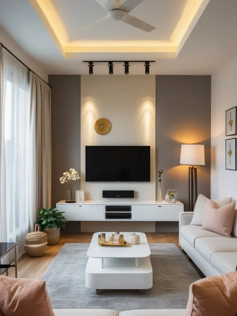 TV placed on the short wall in a rectangular small living room