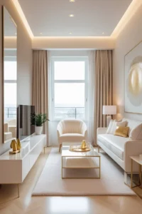 angled furniture layout in a long narrow living room
