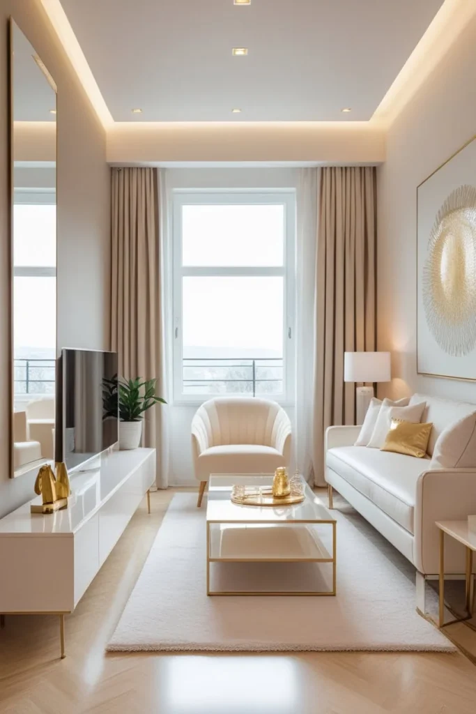 angled furniture layout in a long narrow living room