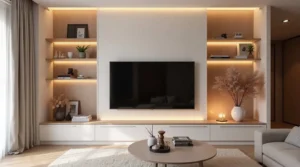 Layered lighting setup in a small living room with lamps and ceiling light