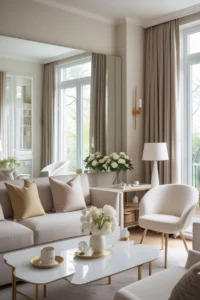 mirror placement to make a narrow living room look bigger