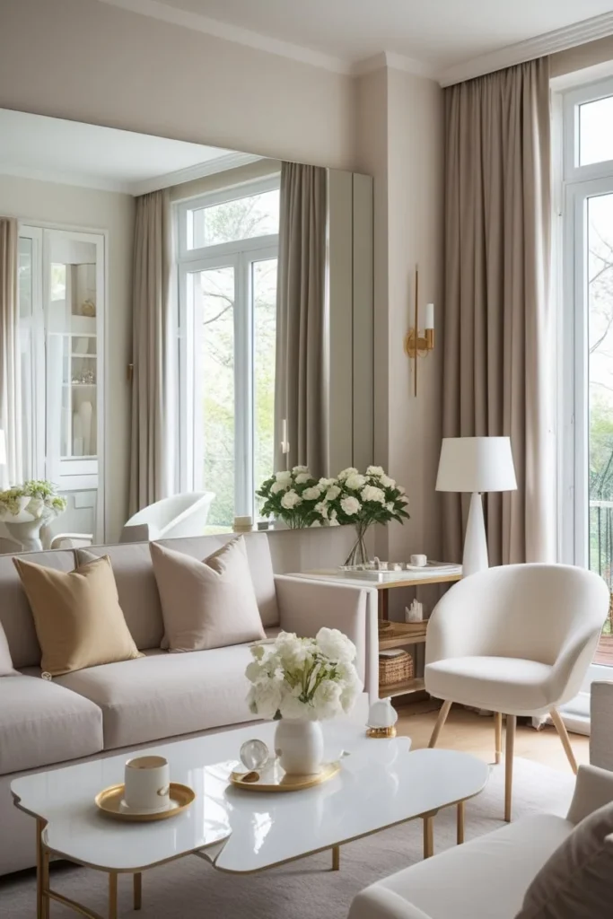 mirror placement to make a narrow living room look bigger