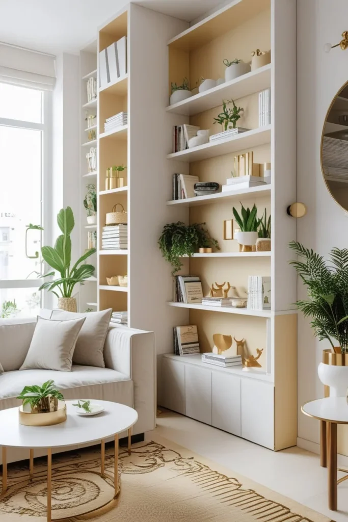 vertical wall shelves for storage in living room