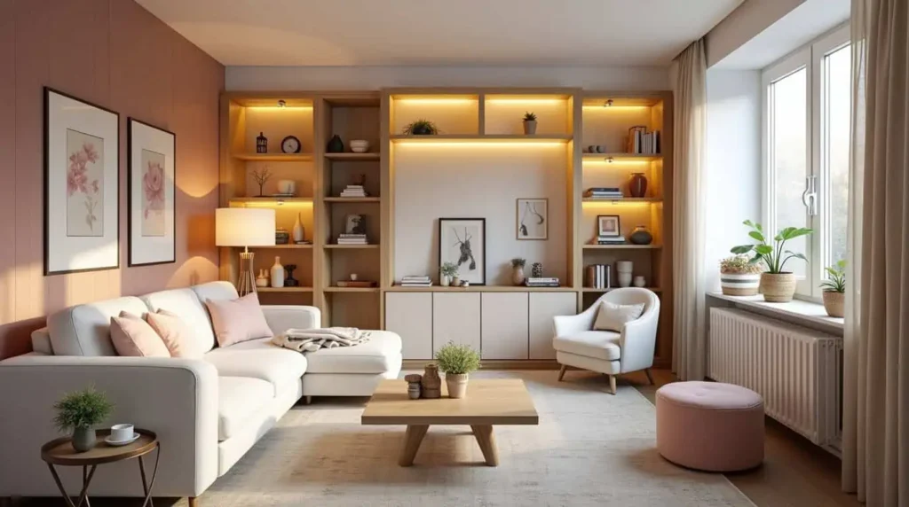 Wall-mounted lights adding style to a compact living room