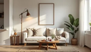 A slim black LED lamp beside a beige sofa