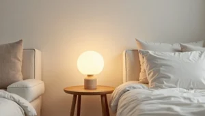 Compact LED lamp lighting a cozy apartment corner