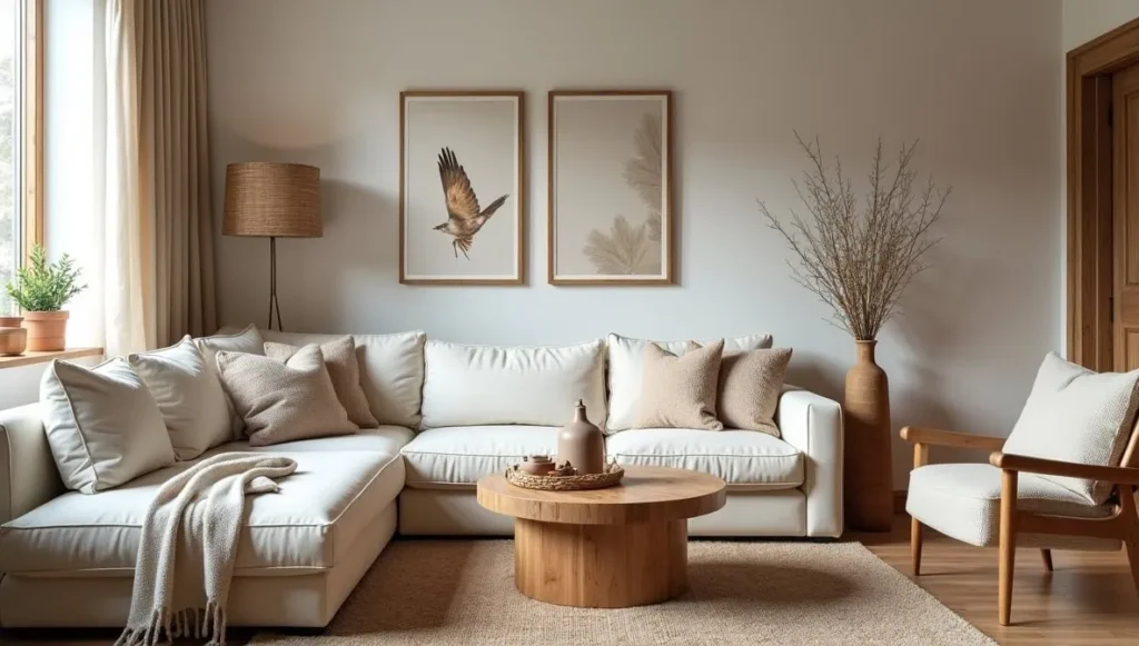Cozy small living room with an L-shaped sectional sofa and warm decor