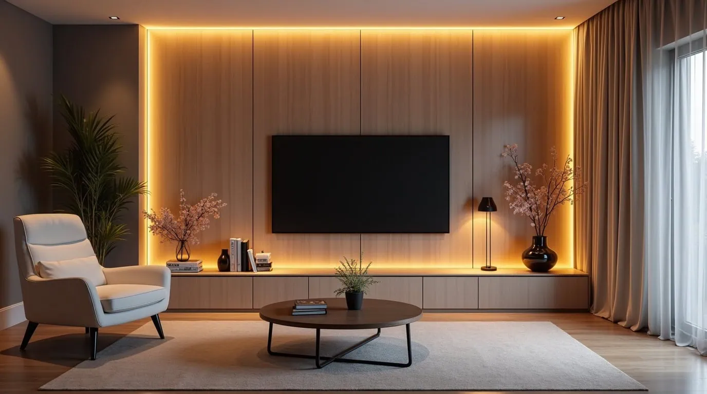 LED strip lights behind TV adding soft ambient glow