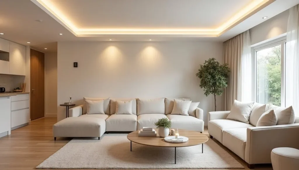 Modern flush mount ceiling light in a small living room