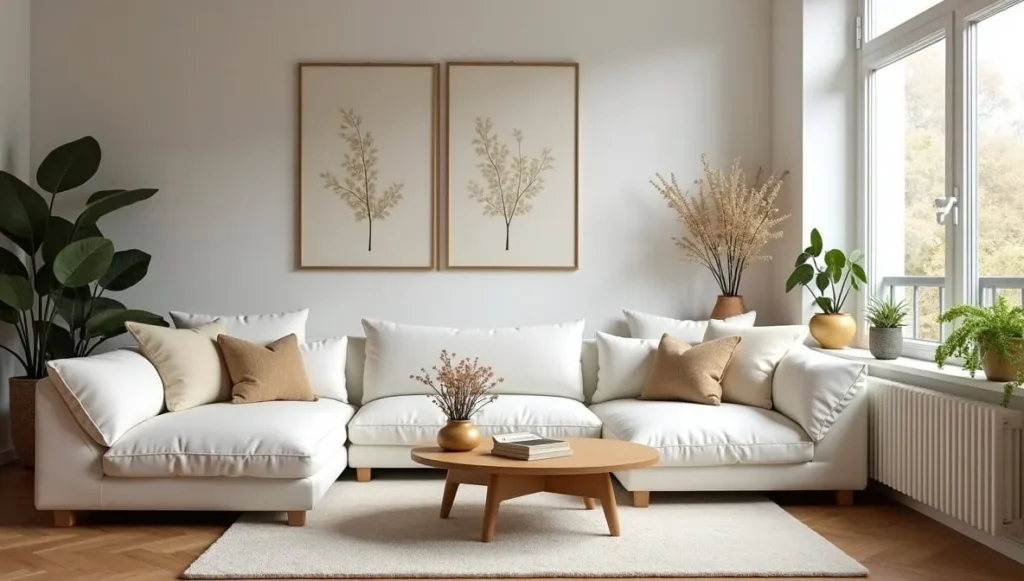 Modern L-shaped sectional sofa in a small living room apartment