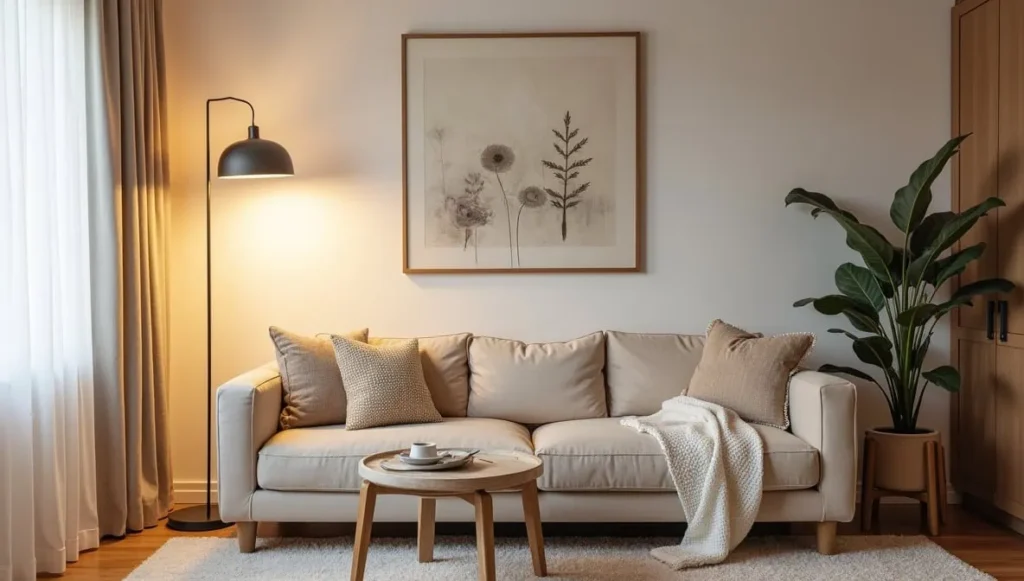 Warm reading corner with adjustable standing lamp