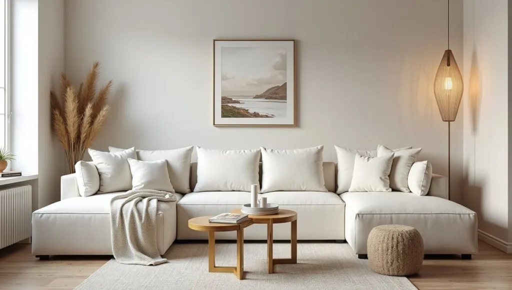 L-shaped sectional sofa styled with a soft area rug in a small living room
